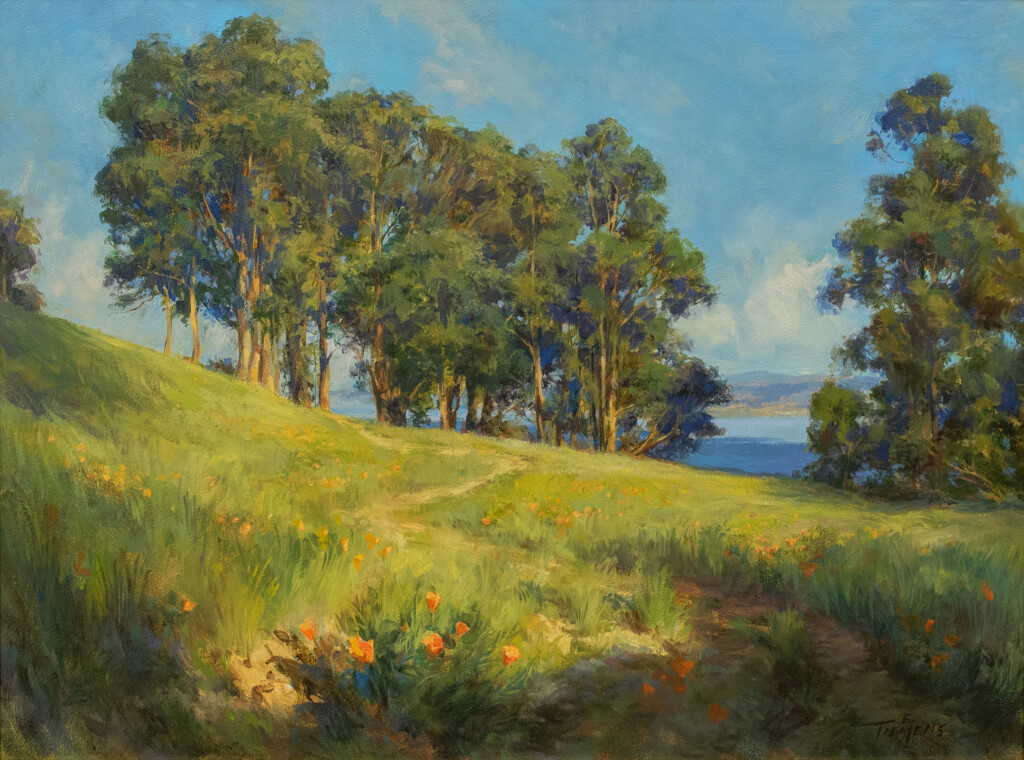 oil painting, California poppies, San Pablo Bay, Marin, Landscape